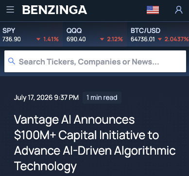 Benzinga article featuring Vantage AI