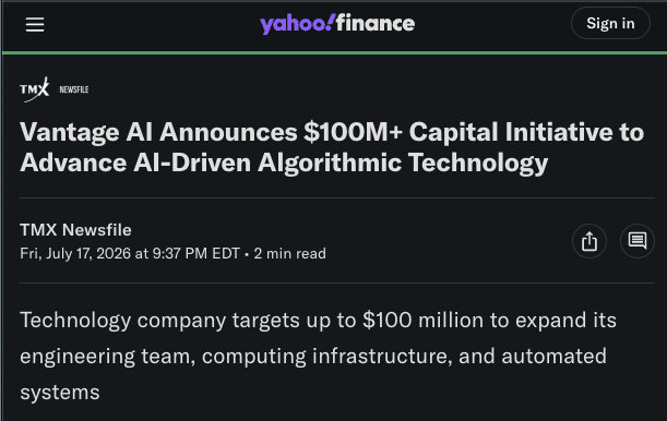 Yahoo Finance article featuring Vantage AI